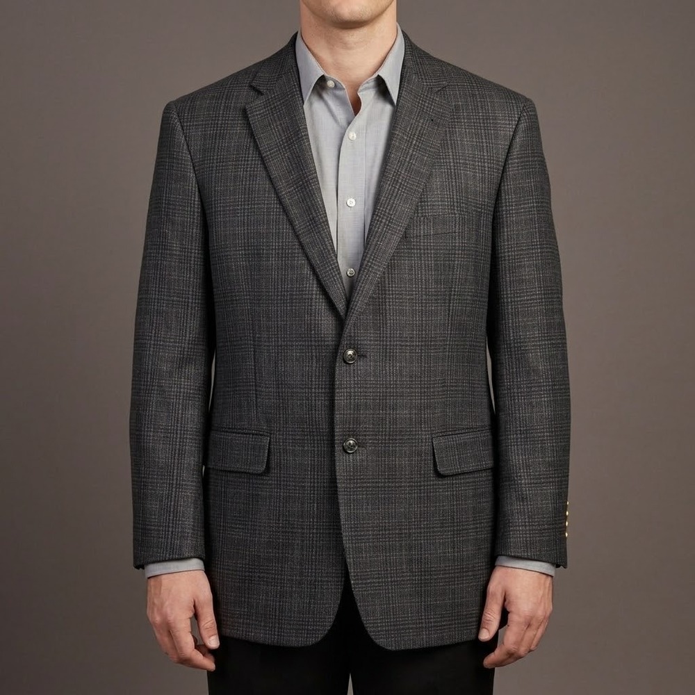 Jos A‎ Bank Joseph Blazer Sport Coat Mens 44R Gray Plaid Silk Wool Blend EUC
